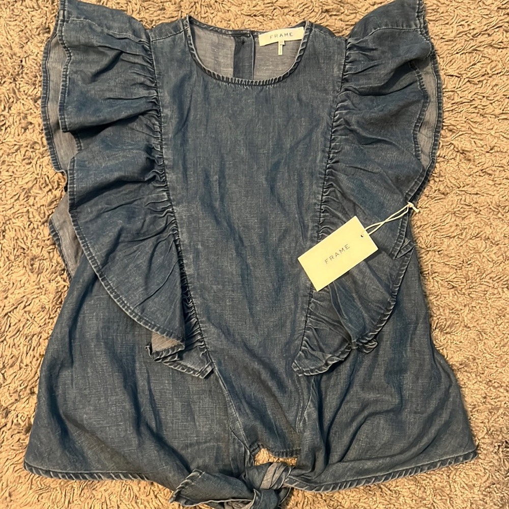 FRAME Knot ruffled button back chambray soft denim top SZ XS.  NWT